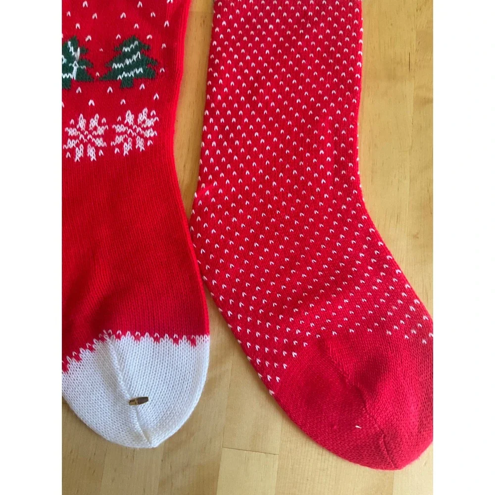 Vintage Knit Christmas Stockings Set 2 Teddy Bear Candy Cane Red Green Pom Poms